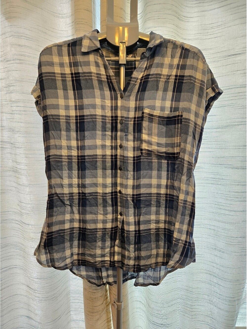Sonoma Goods for Life Women's Blue Plaid Button Shirt Short Sleeve 100% Modal